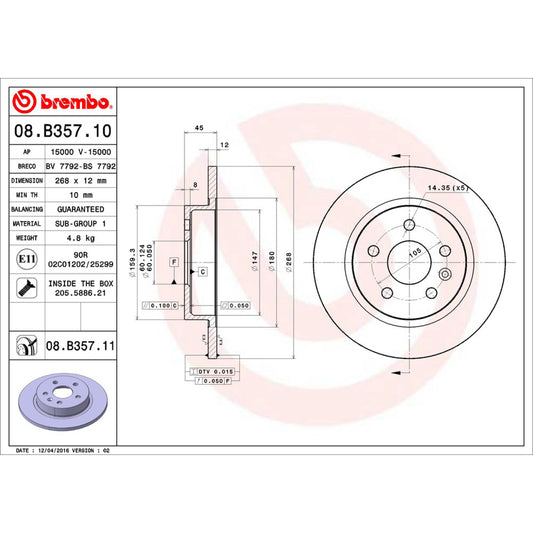 BRE-08.B357.10 - PAR DE DISCOS DE FRENO TRASEROS PARA BUICK ENCORE BASE 2013-2021