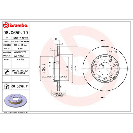 BRE-08.C659.11 - PAR DE DISCOS DE FRENO TRASEROS PARA PEUGEOT 308 ALLURE 2016-2017
