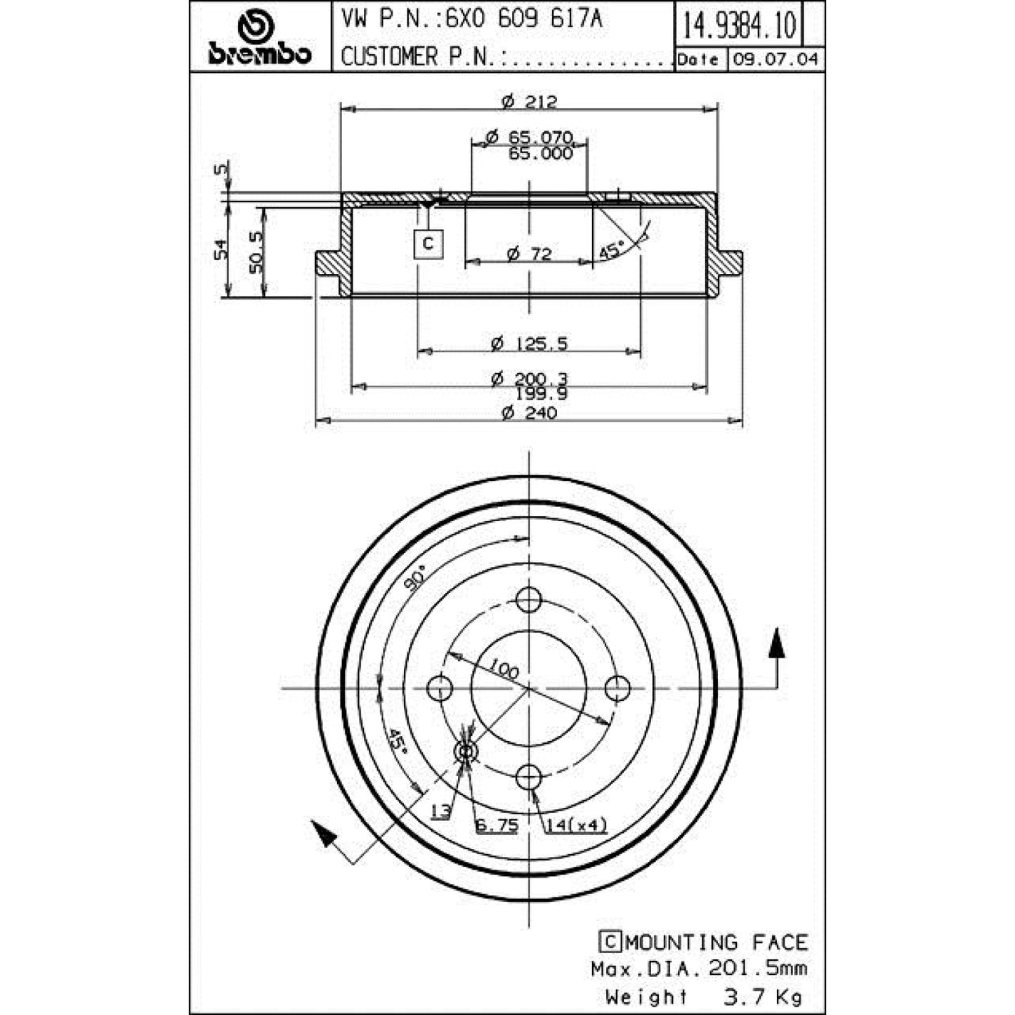BRE-14.9384.10 - PAR DE TAMBORES DE FRENO TRASEROS PARA SEAT CORDOBA STELLA 2001-2002