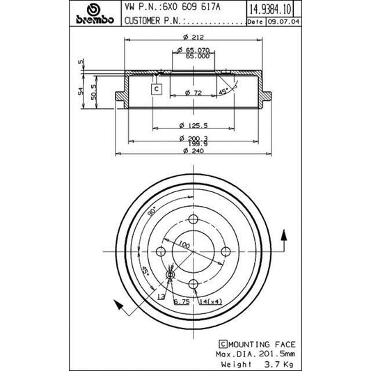 BRE-14.9384.10 - PAR DE TAMBORES DE FRENO TRASEROS PARA SEAT CORDOBA STELLA 2001-2002
