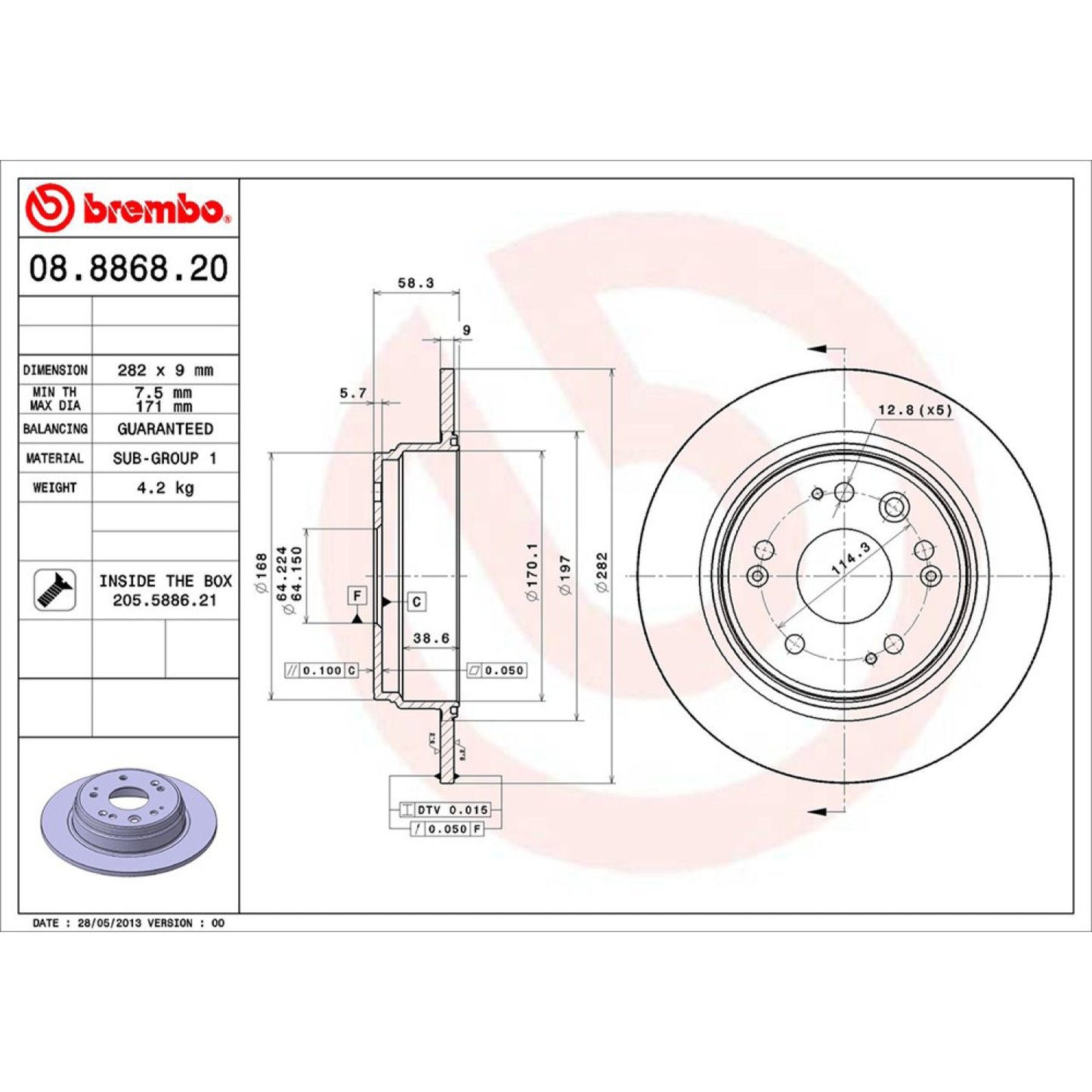 BRE-08.8868.20 - PAR DE DISCOS DE FRENO TRASEROS PARA HONDA CR-V BASE 2002-2003