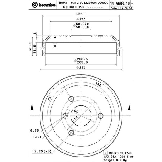 BRE-14.A683.10 - PAR DE TAMBORES DE FRENO TRASEROS PARA SMART FORTWO BASE 2005-2007
