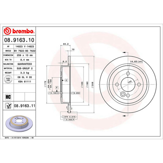 BRE-08.9163.10 - PAR DE DISCOS DE FRENO TRASEROS PARA MINI COOPER BASE 2006-2006