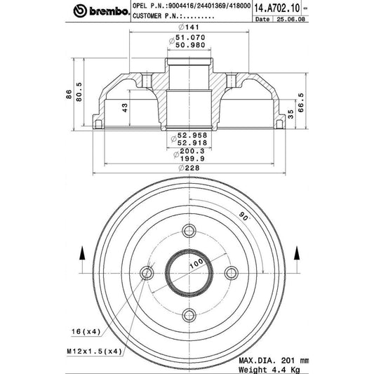 BRE-14.A702.10 - PAR DE TAMBORES DE FRENO TRASEROS PARA CHEVROLET CORSA BASE 2003-2008