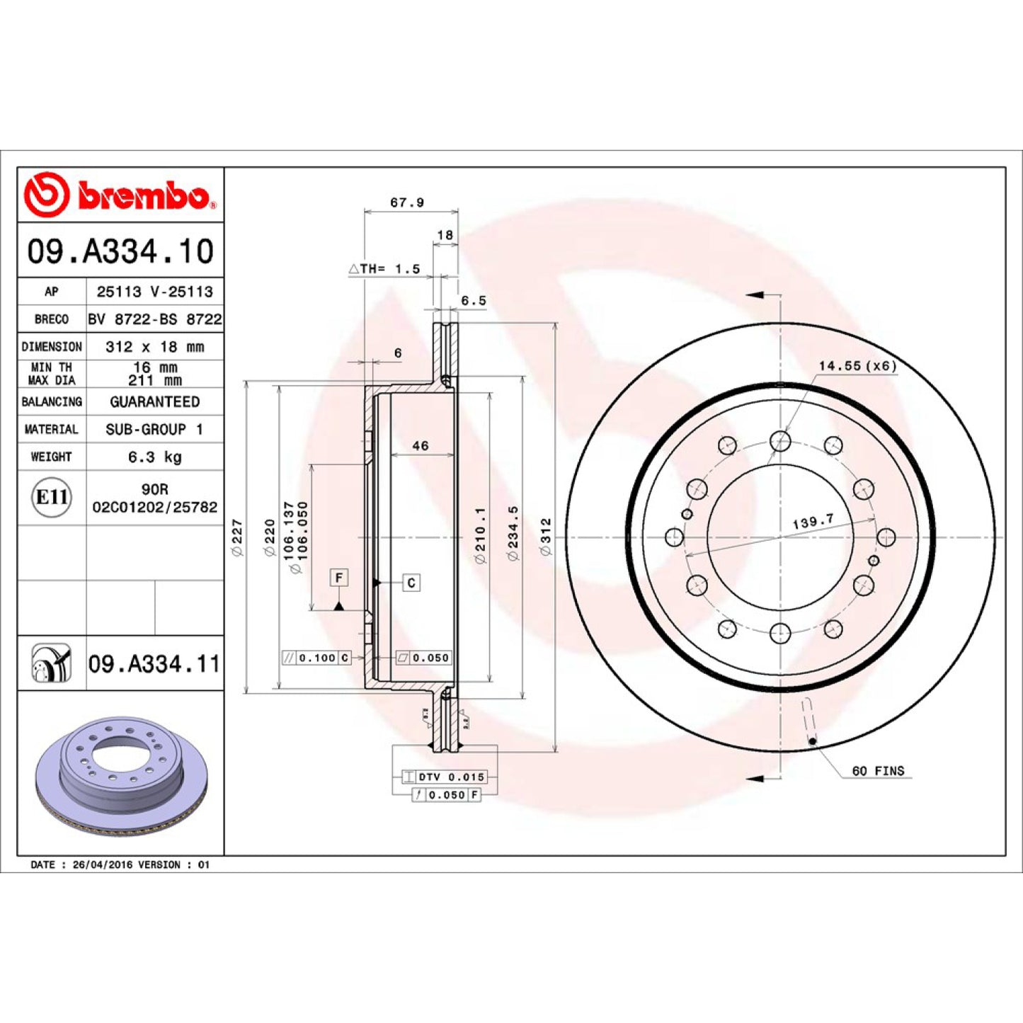 BRE-09.A334.10 - PAR DE DISCOS DE FRENO TRASEROS PARA LEXUS GX470 BASE 2003-2009