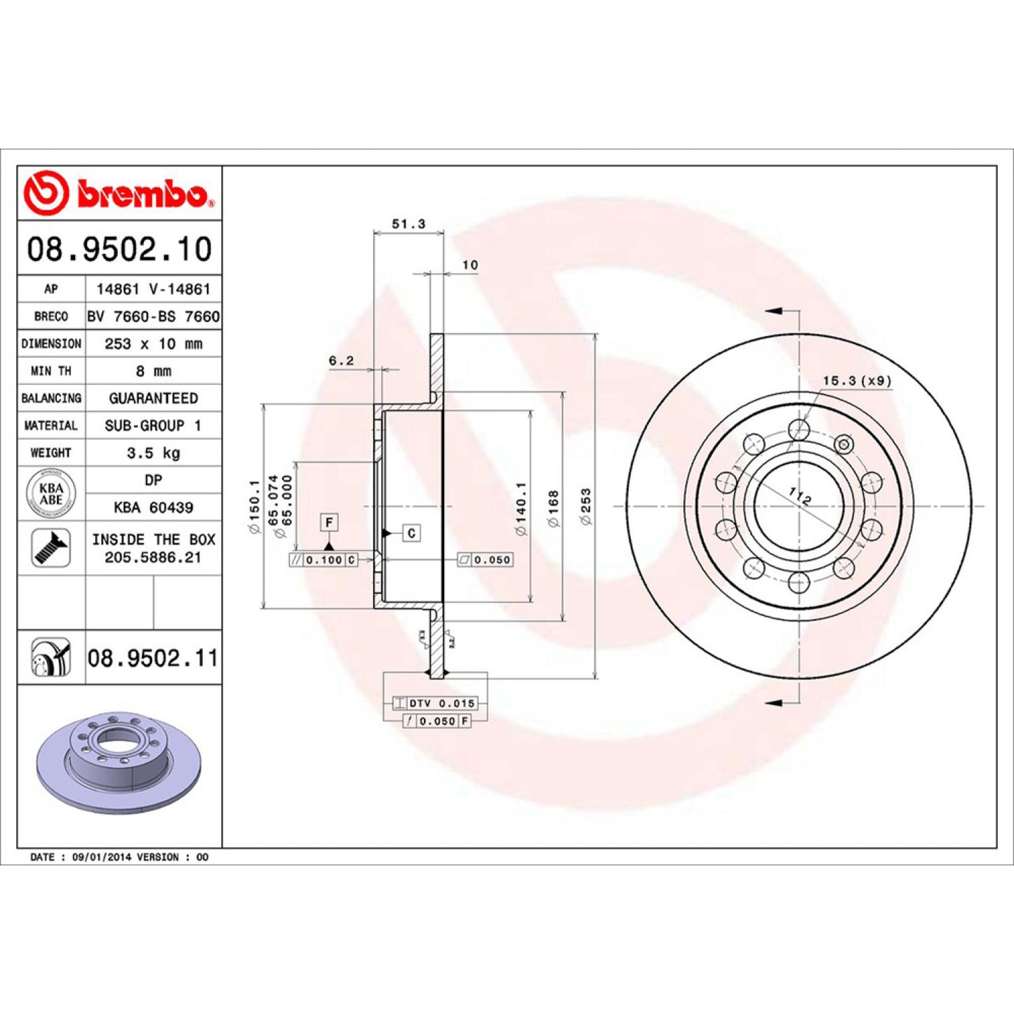 BRE-08.9502.10 - PAR DE DISCOS DE FRENO TRASEROS PARA AUDI A3 100 ANIVERSARIO 2010-2010