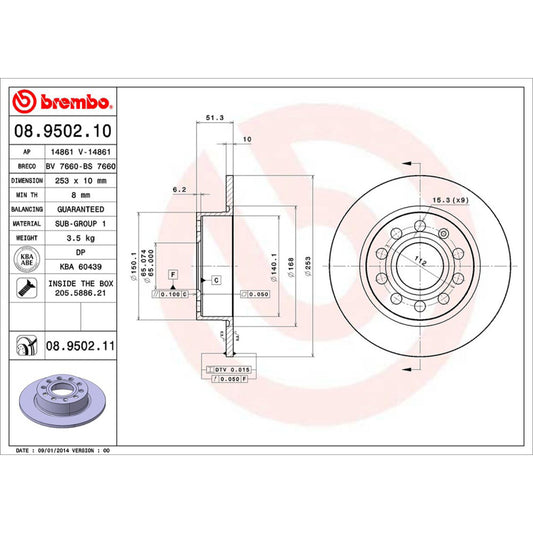 BRE-08.9502.10 - PAR DE DISCOS DE FRENO TRASEROS PARA AUDI A3 100 ANIVERSARIO 2010-2010