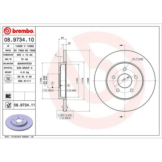 BRE-08.9734.11 - PAR DE DISCOS DE FRENO TRASEROS PARA FORD MONDEO CORE 2001-2007