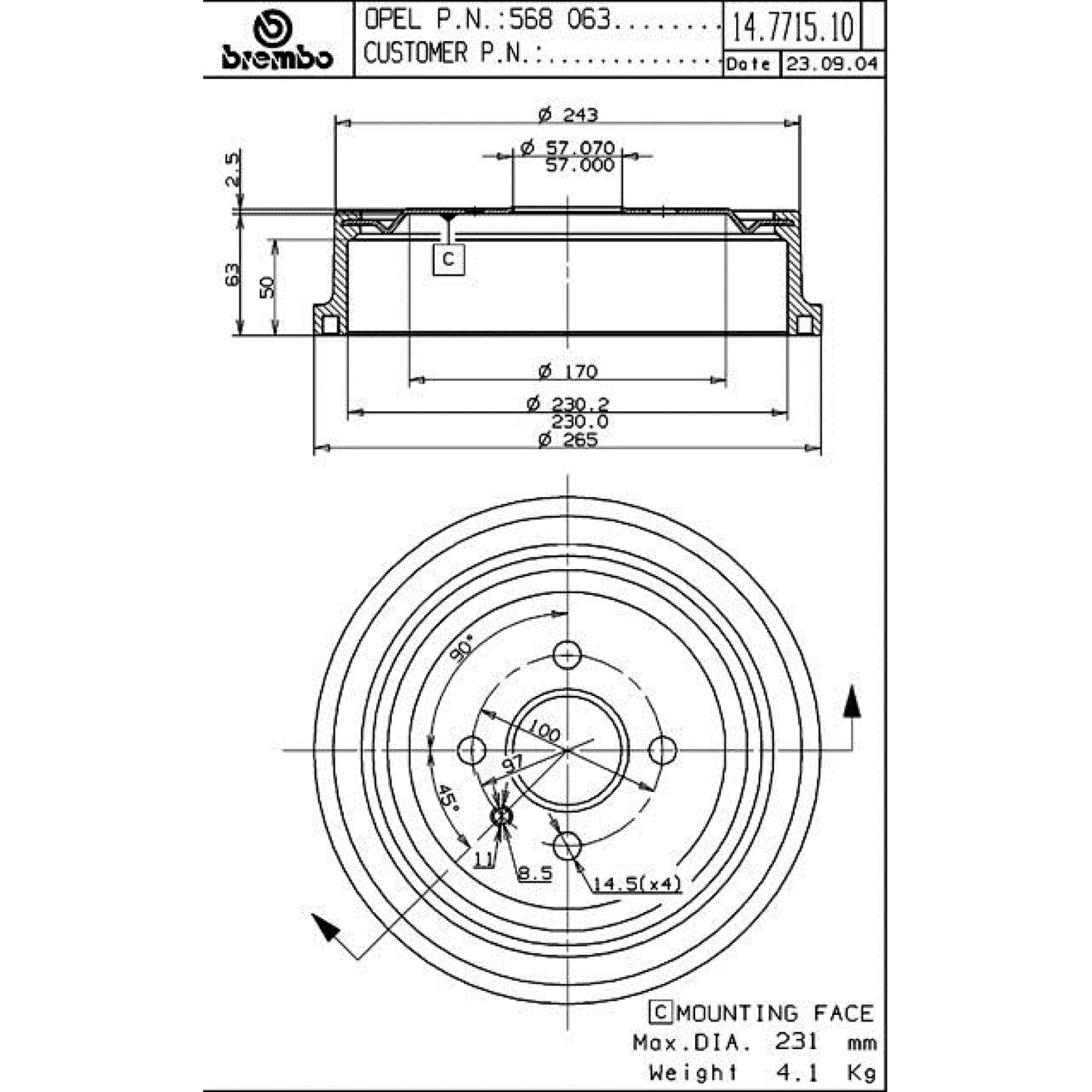 BRE-14.7715.10 - PAR DE TAMBORES DE FRENO TRASEROS PARA CHEVROLET ASTRA BASE 2000-2006