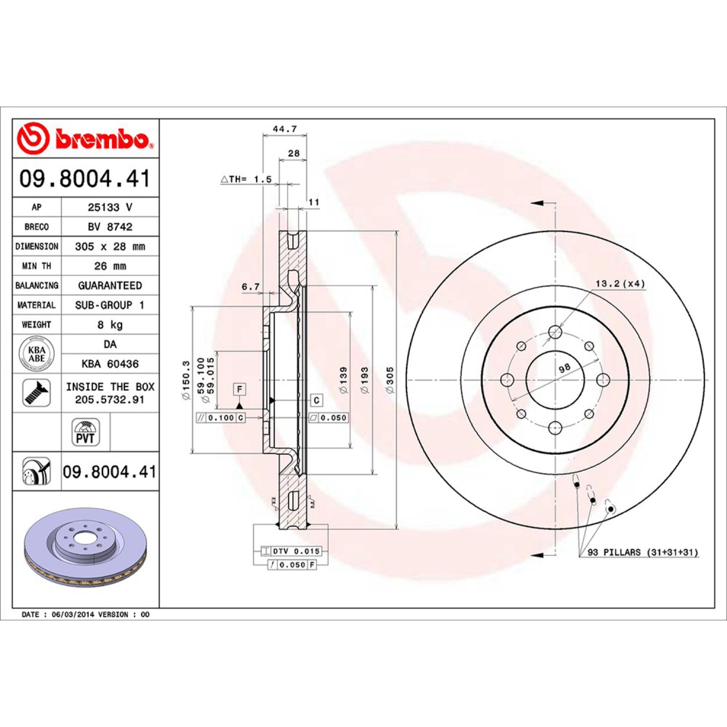 BRE-09.8004.41 - PAR DE DISCOS DE FRENO DELANTEROS PARA ALFA ROMEO MITO BASE 2017-2017