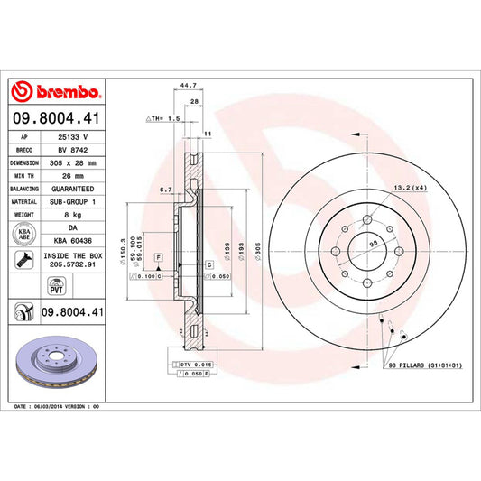 BRE-09.8004.41 - PAR DE DISCOS DE FRENO DELANTEROS PARA ALFA ROMEO MITO BASE 2017-2017