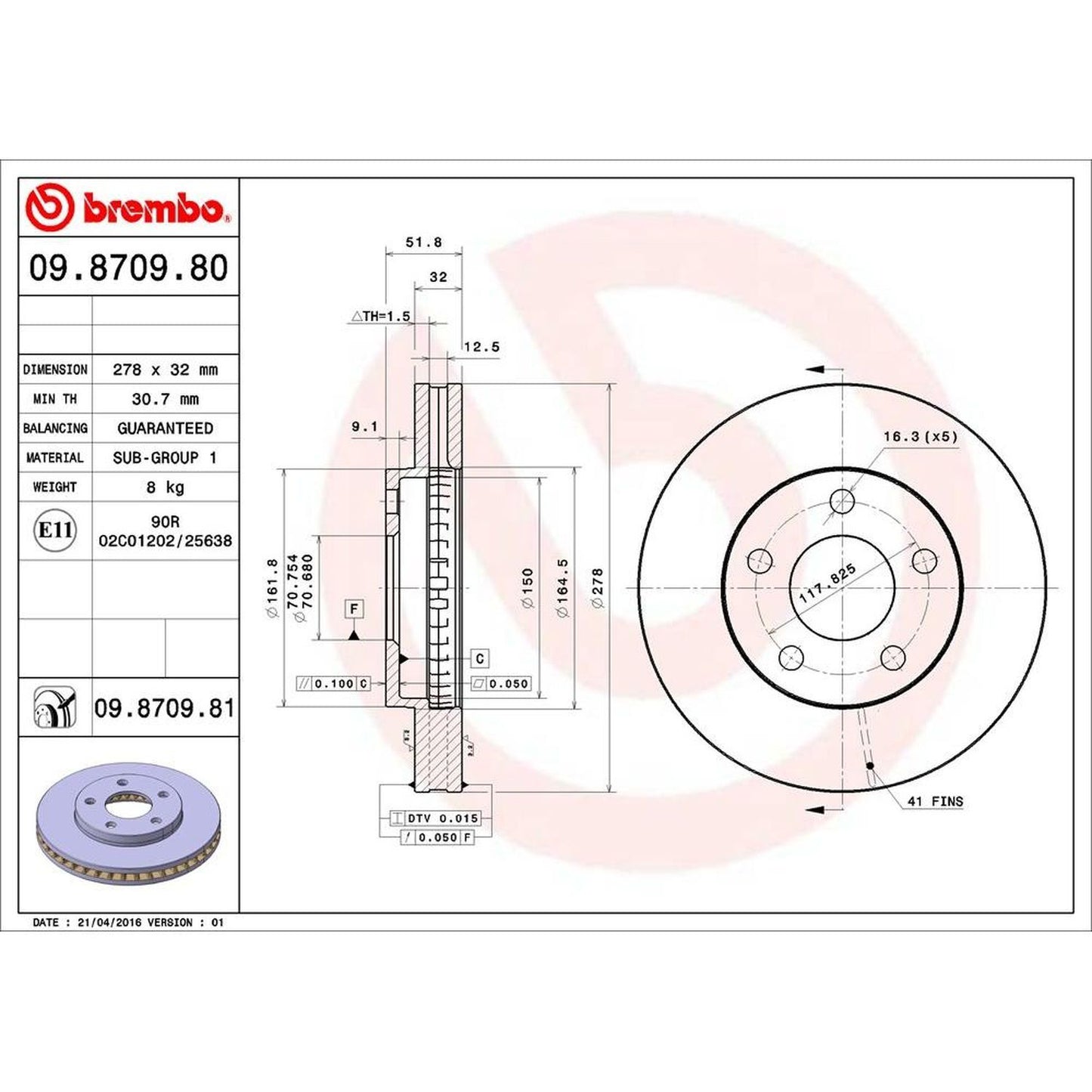 BRE-09.8709.81 - PAR DE DISCOS DE FRENO DELANTEROS PARA CADILLAC DEVILLE BASE 1994-1995