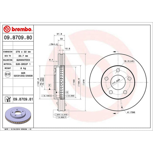 BRE-09.8709.81 - PAR DE DISCOS DE FRENO DELANTEROS PARA CADILLAC DEVILLE BASE 1994-1995