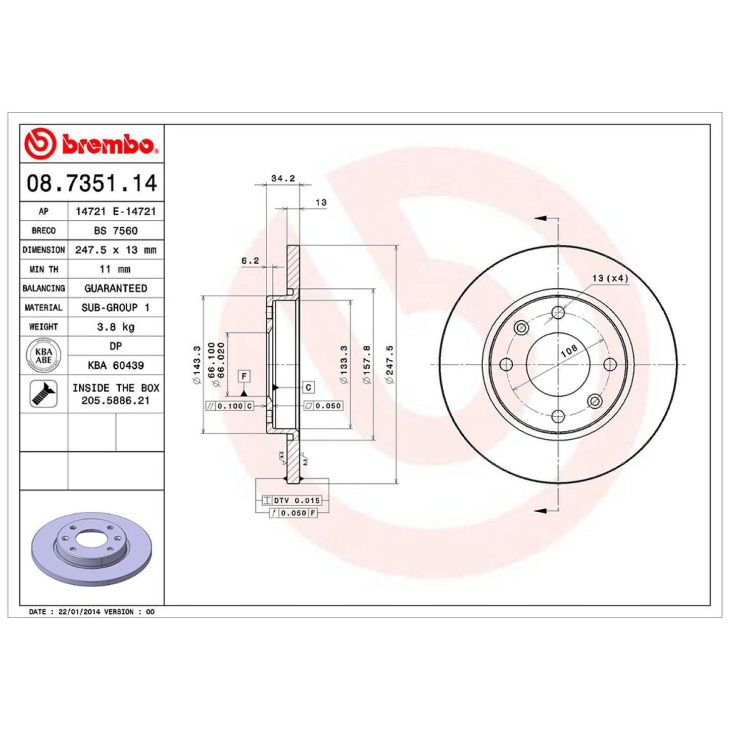 BRE-08.7351.10 - PAR DE DISCOS DE FRENO DELANTEROS PARA PEUGEOT 206 BASE 2000-2000