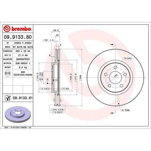 BRE-09.9133.81 - PAR DE DISCOS DE FRENO DELANTEROS PARA CHRYSLER PT CRUISER BASE 2006-2008