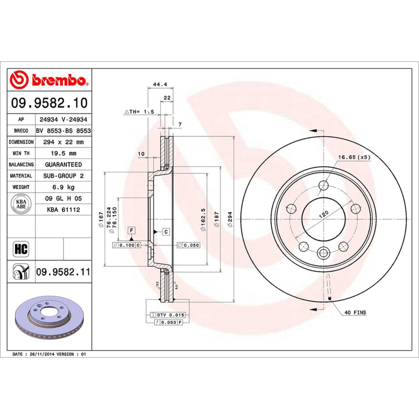 BRE-09.9582.10 - PAR DE DISCOS DE FRENO TRASEROS PARA VOLKSWAGEN EUROVAN BASE 2006-2009