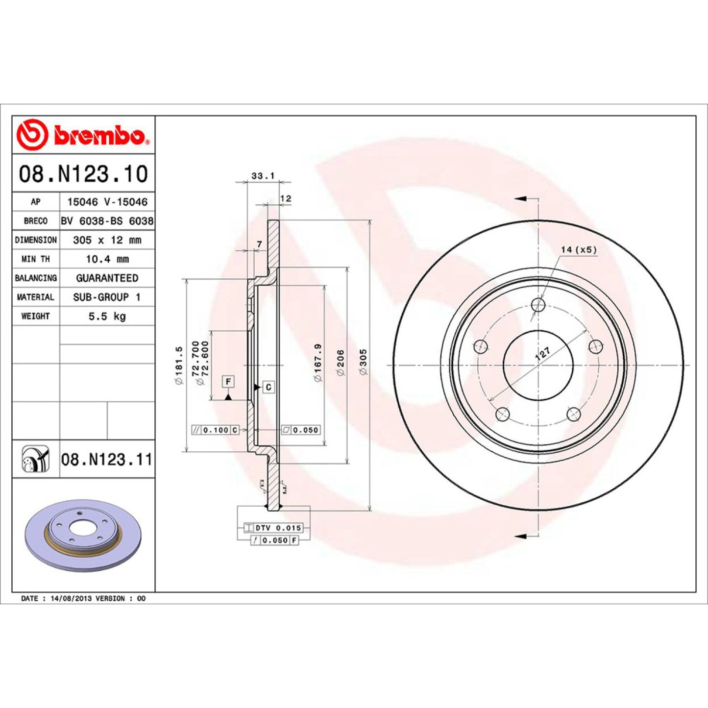 BRE-08.N123.10 - PAR DE DISCOS DE FRENO TRASEROS PARA CHRYSLER TOWN & COUNTRY 30TH ANNIVERSARY EDITION 2014-2014