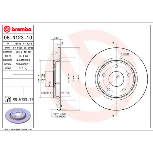 BRE-08.N123.10 - PAR DE DISCOS DE FRENO TRASEROS PARA CHRYSLER TOWN & COUNTRY 30TH ANNIVERSARY EDITION 2014-2014