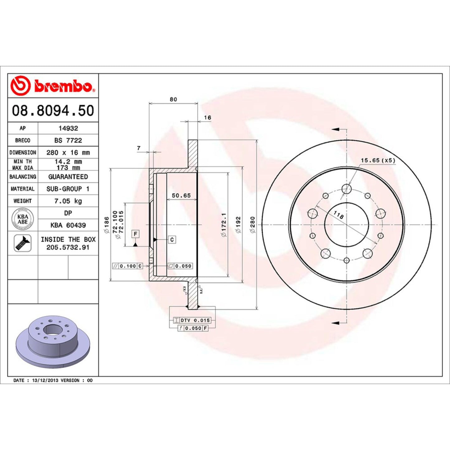 BRE-08.8094.50 - PAR DE DISCOS DE FRENO TRASEROS PARA FIAT DUCATO BASE 2008-2019