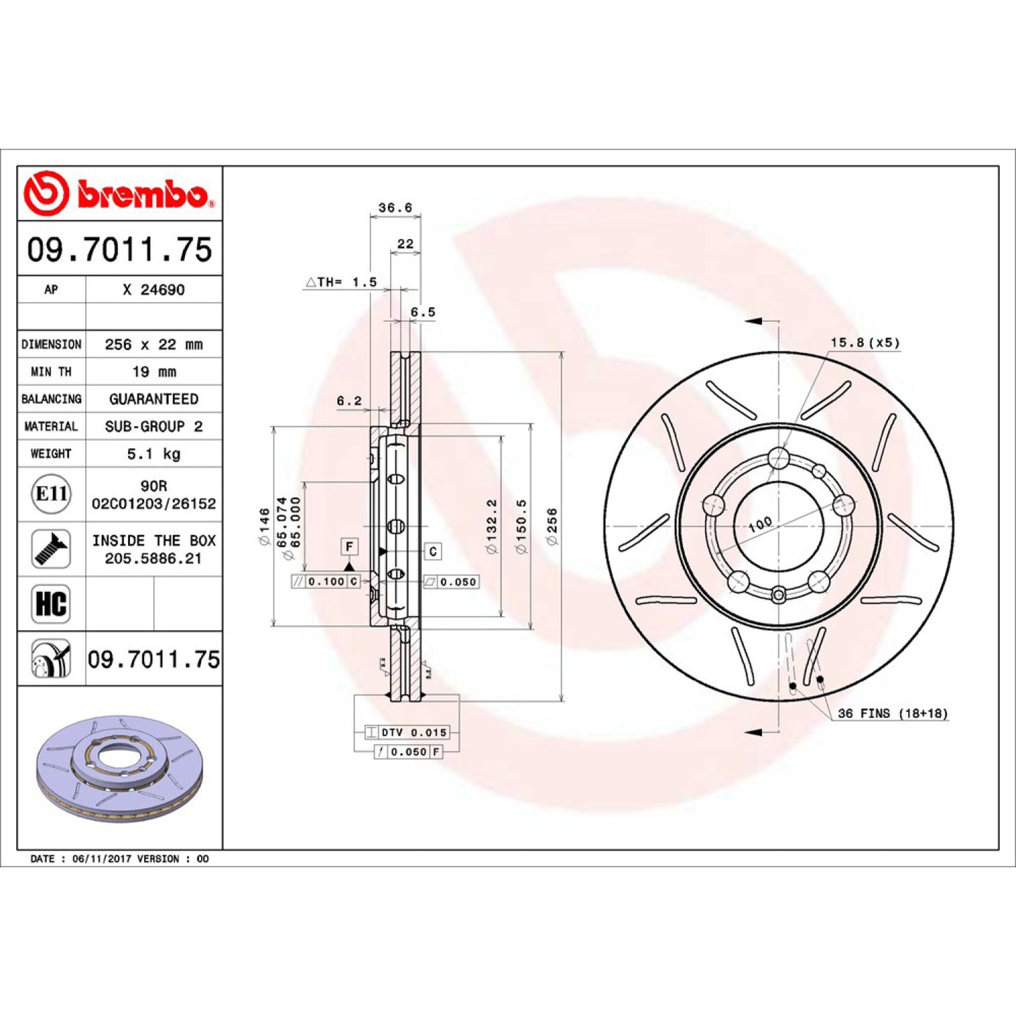BRE-09.7011.75 - PAR DE DISCOS DE FRENO DELANTEROS PARA AUDI A1 ACTIVE 2016-2016