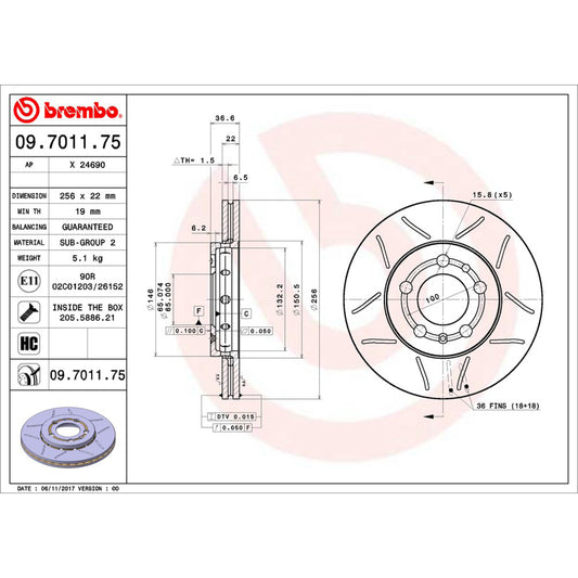 BRE-09.7011.75 - PAR DE DISCOS DE FRENO DELANTEROS PARA AUDI A1 ACTIVE 2016-2016