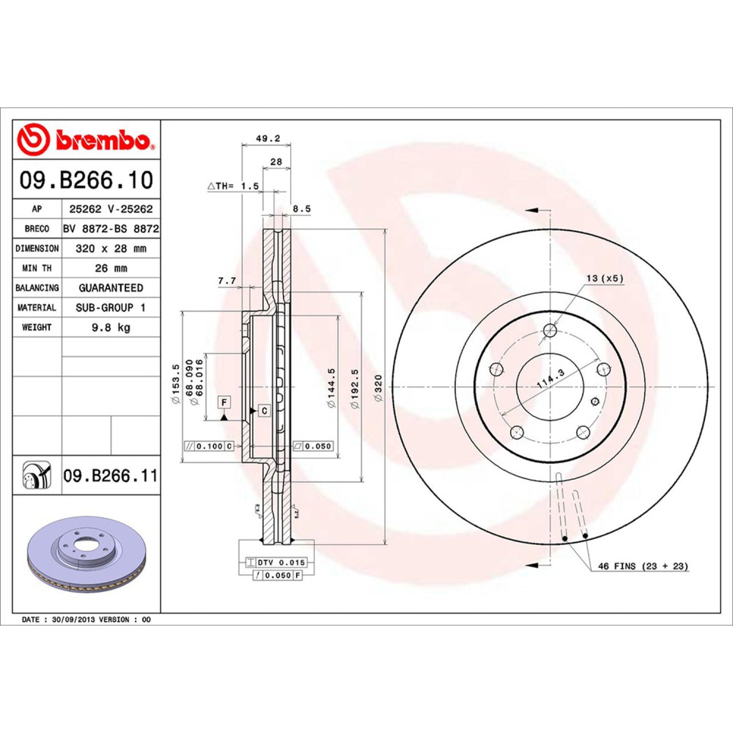BRE-09.B266.10 - PAR DE DISCOS DE FRENO DELANTEROS PARA NISSAN 350Z BASE 2006-2008