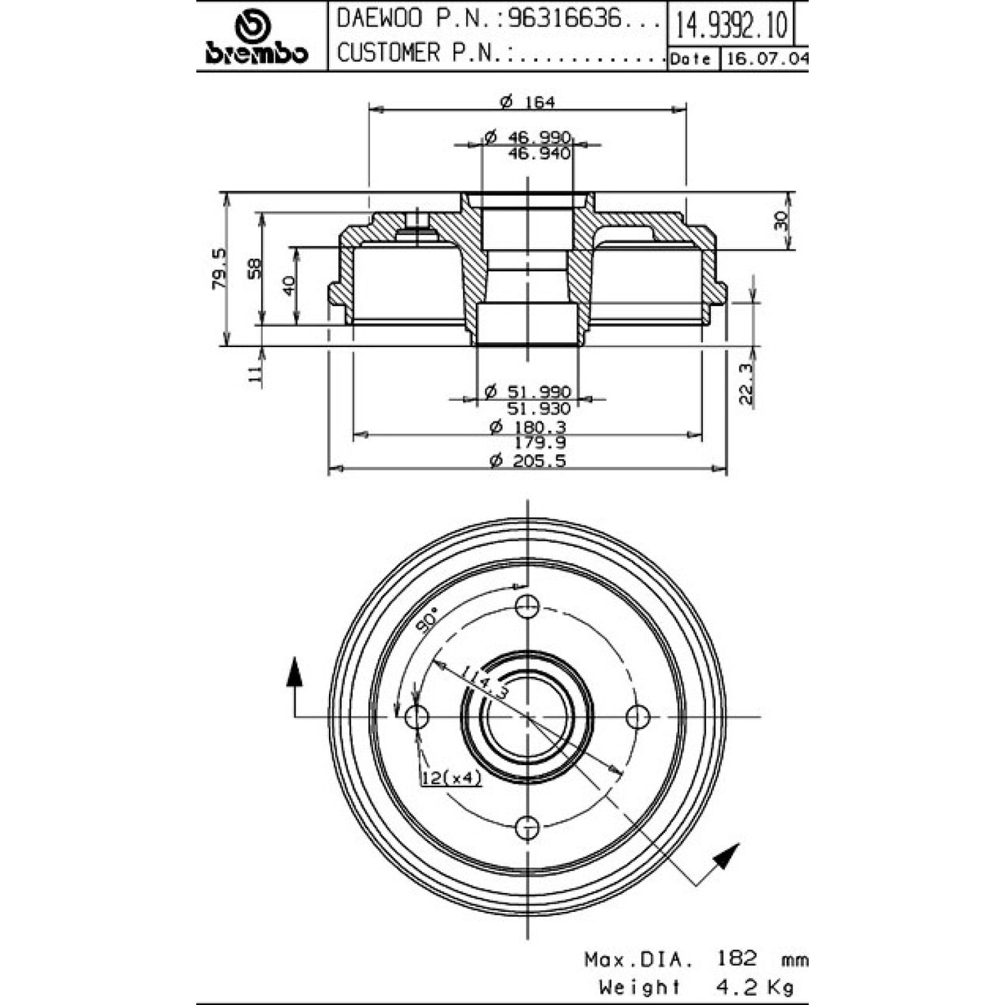 BRE-14.9392.10 - PAR DE TAMBORES DE FRENO TRASEROS PARA CHEVROLET MATIZ BASE 2011-2012