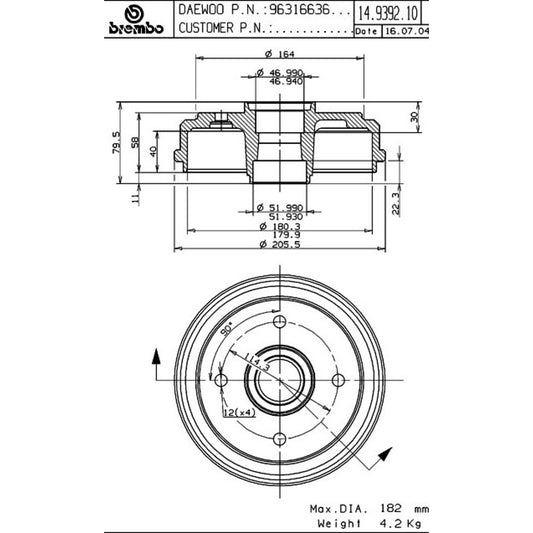 BRE-14.9392.10 - PAR DE TAMBORES DE FRENO TRASEROS PARA CHEVROLET MATIZ BASE 2011-2012