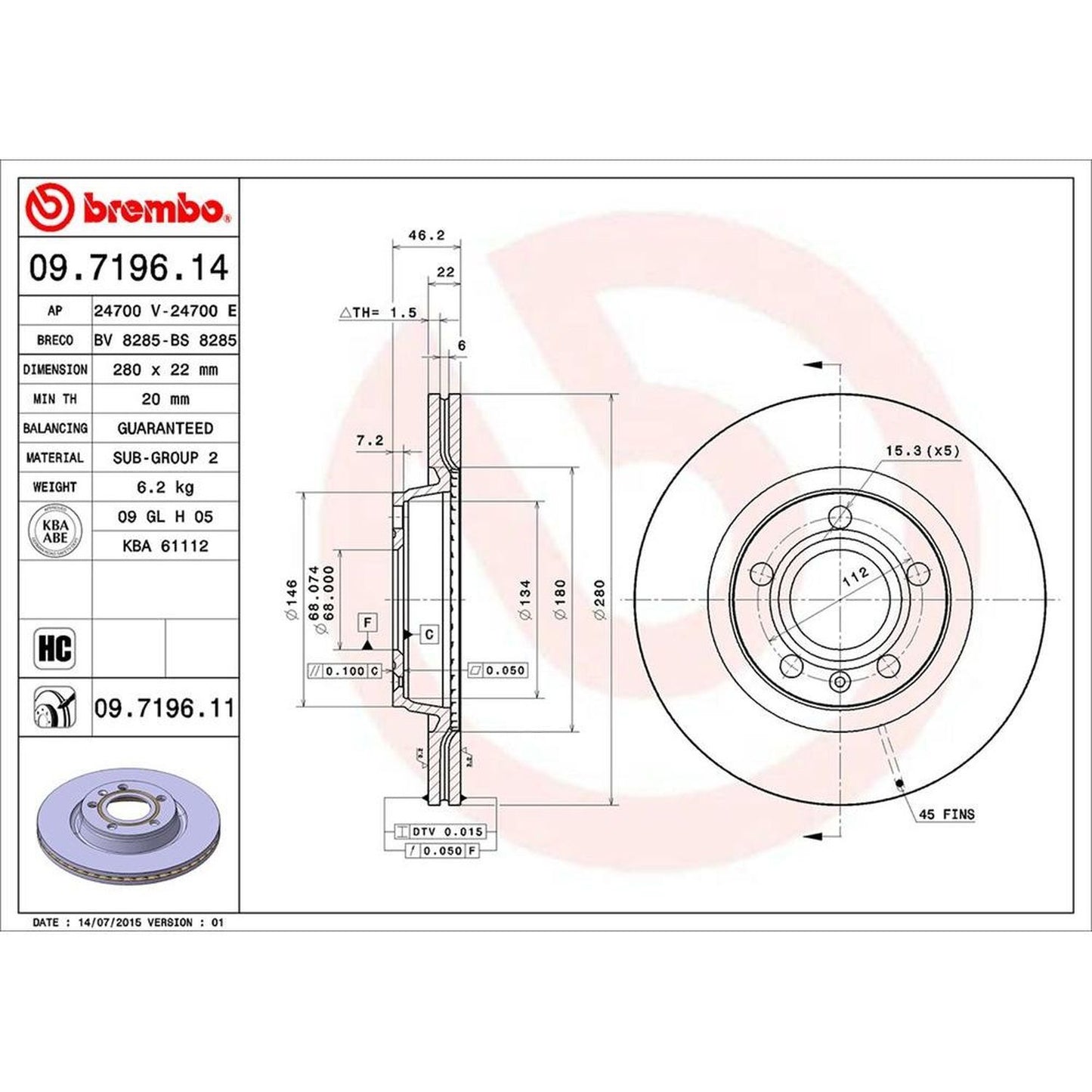 BRE-09.7196.11 - PAR DE DISCOS DE FRENO DELANTEROS PARA VOLKSWAGEN PASSAT GLS 1998-1998