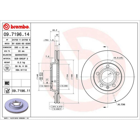 BRE-09.7196.11 - PAR DE DISCOS DE FRENO DELANTEROS PARA VOLKSWAGEN PASSAT GLS 1998-1998