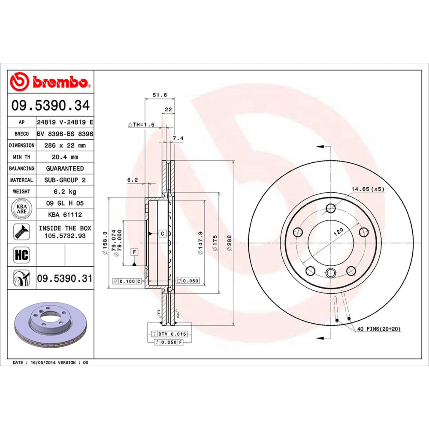 BRE-09.5390.30 - PAR DE DISCOS DE FRENO DELANTEROS PARA BMW 320I BASE 2001-2005