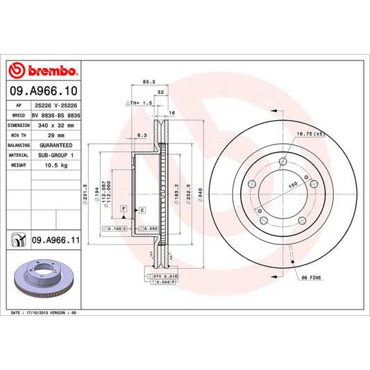 BRE-09.A966.10 - PAR DE DISCOS DE FRENO DELANTEROS PARA LEXUS LX570 BASE 2008-2015