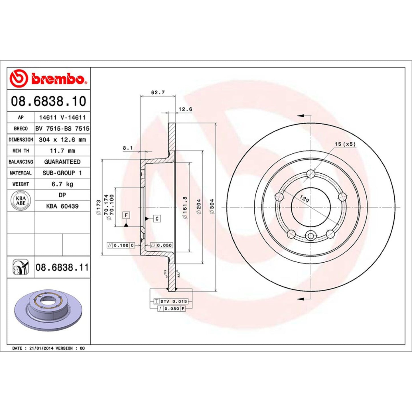 BRE-08.6838.10 - PAR DE DISCOS DE FRENO TRASEROS PARA LAND ROVER DISCOVERY BASE 2003-2003