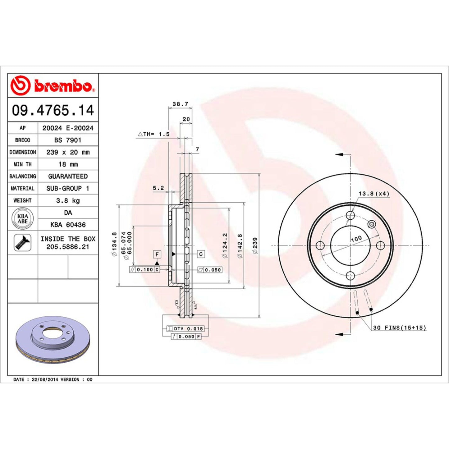 BRE-09.4765.10 - PAR DE DISCOS DE FRENO DELANTEROS PARA VOLKSWAGEN DERBY ATLANTA 1996-1997