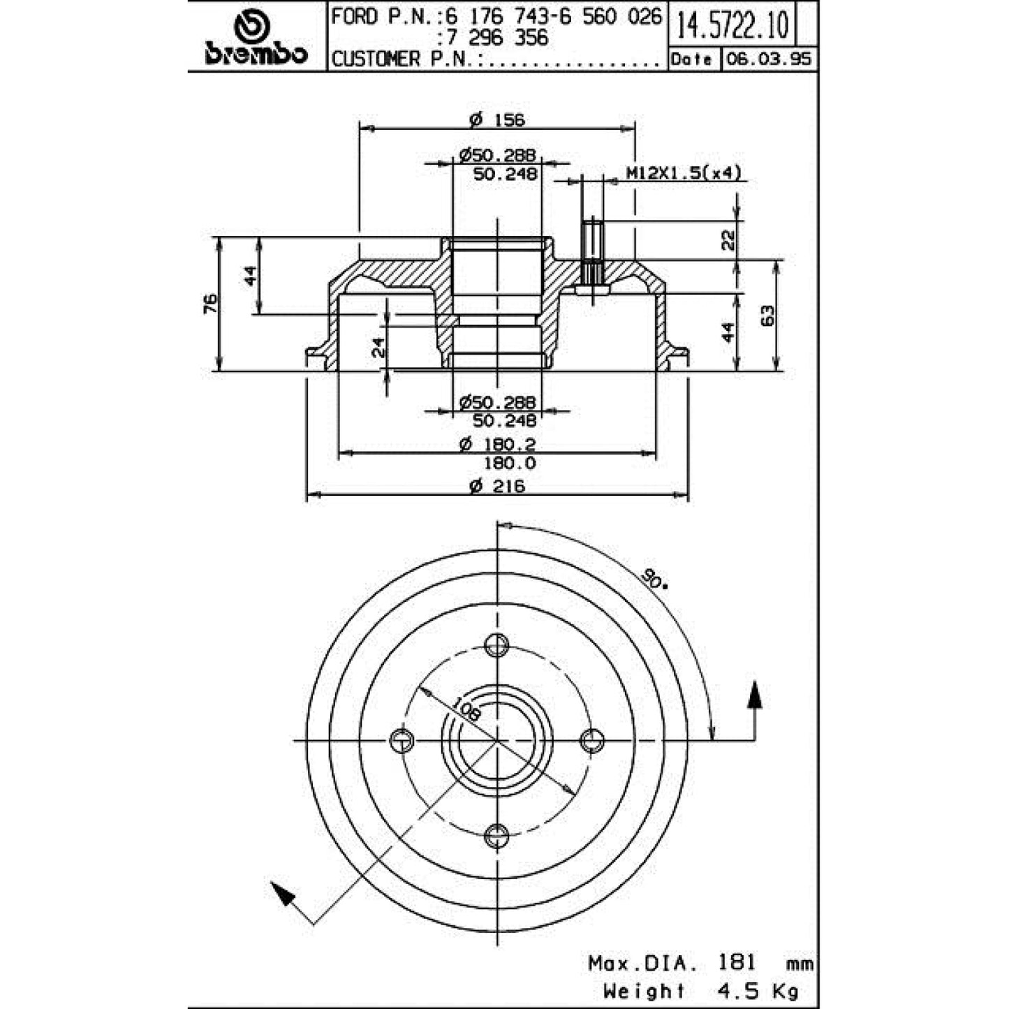 BRE-14.5722.10 - PAR DE TAMBORES DE FRENO TRASEROS PARA FORD FIESTA BASE  1.3 4 1999-2000