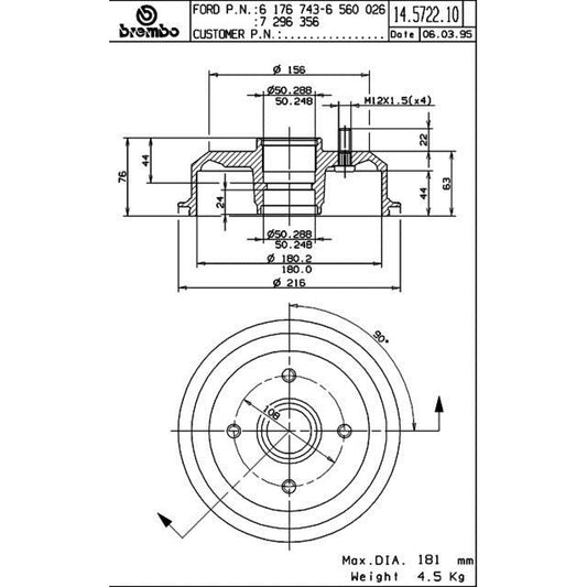 BRE-14.5722.10 - PAR DE TAMBORES DE FRENO TRASEROS PARA FORD FIESTA BASE  1.3 4 1999-2000