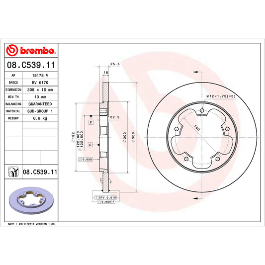 BRE-08.C539.11 - PAR DE DISCOS DE FRENO TRASEROS PARA FORD TRANSIT BASE  3.7 6 2015-2016