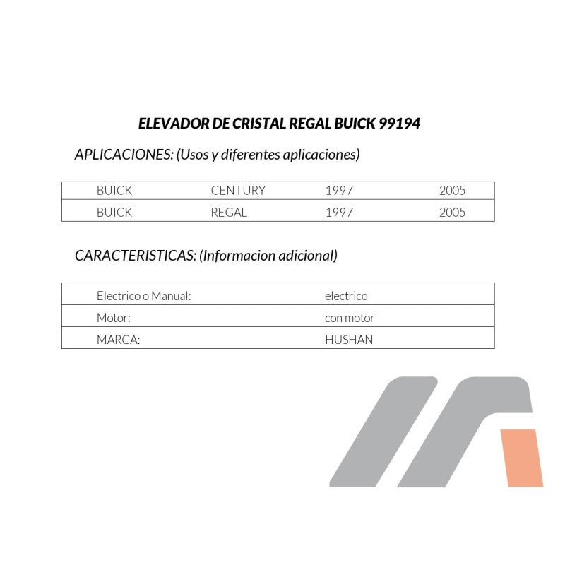 MANJ-99194 - ELEVADOR DE CRISTAL PARA BUICK CENTURY 1997-2005 DERECHO DELANTERA