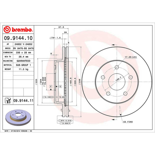 BRE-09.9144.10 - PAR DE DISCOS DE FRENO DELANTEROS PARA CHRYSLER ASPEN LIMITED  5.7 8 2007-2007