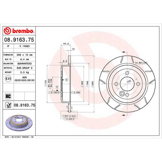 BRE-08.9163.75 - PAR DE DISCOS DE FRENO TRASEROS PARA MINI COOPER BASE 2006-2006