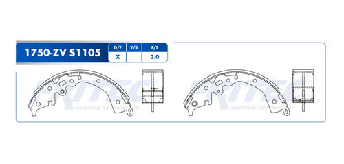 OW-1750-ZV - ZAPATA DE FRENOS <BR> ESTANDAR VULCANIZADO <BR> DIAMETRO 254 MM 10.0 IN <BR> CABINA SENCILLA <BR> TOYOTA HILUX 2015-2018 Cabina Sencilla