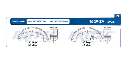 OW-1629-ZV - ZAPATA DE FRENOS <BR> ESTANDAR VULCANIZADO <BR> DIAMETRO 252.7 MM 9.950 IN <BR> FORD ESCAPE 2010-2012 <BR> MERCURY MARINER 2007-2011