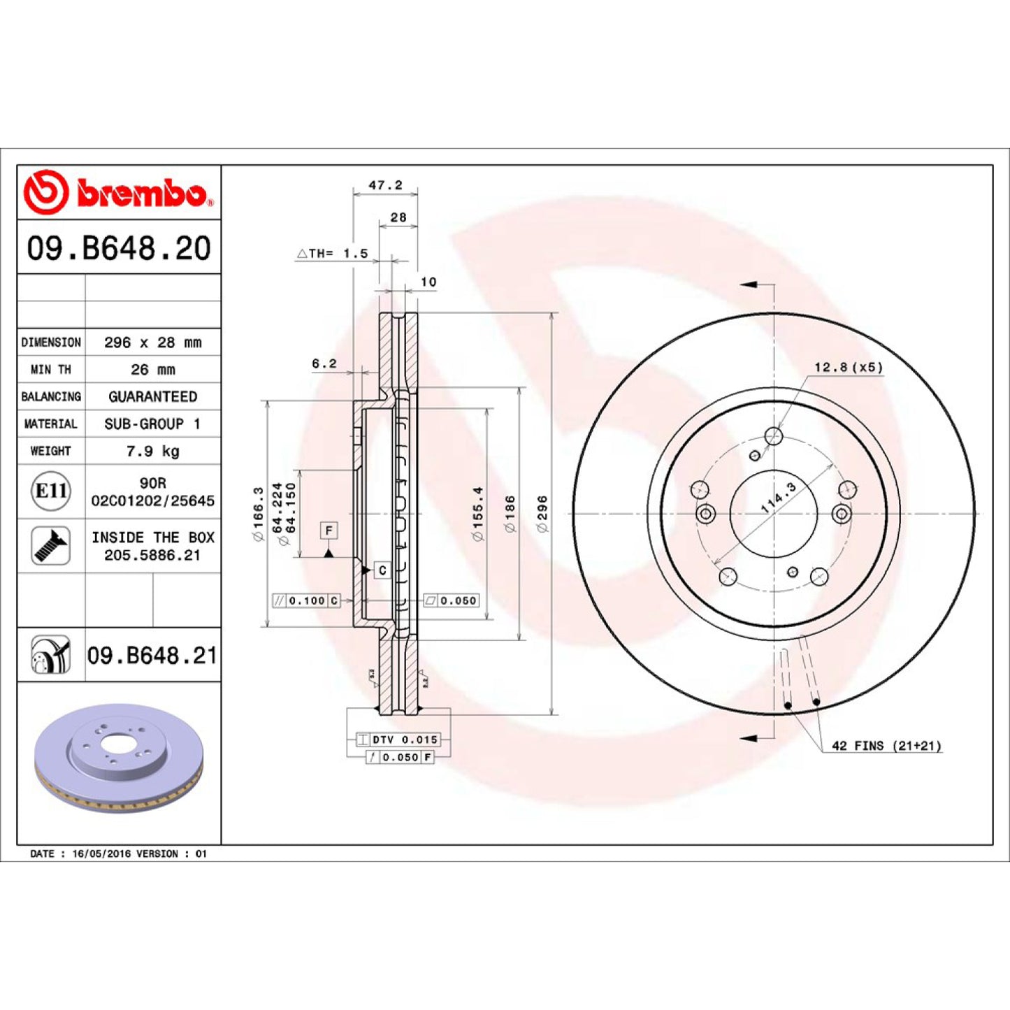 BRE-09.B648.20 - PAR DE DISCOS DE FRENO DELANTEROS PARA HONDA ACCORD CROSSTOUR EX 2010-2011