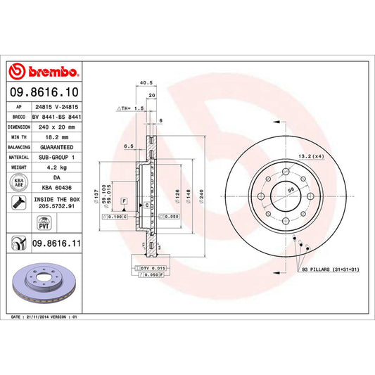 BRE-09.8616.11 - PAR DE DISCOS DE FRENO DELANTEROS PARA FIAT PANDA CLIMBING 2007-2008