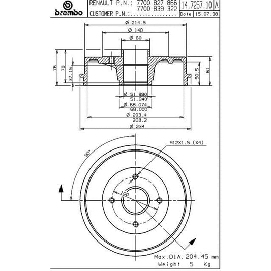 BRE-14.7257.10 - PAR DE TAMBORES DE FRENO TRASEROS PARA NISSAN APRIO BASE 2008-2010