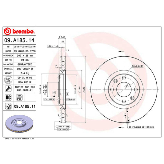 BRE-09.A185.11 - PAR DE DISCOS DE FRENO DELANTEROS PARA PEUGEOT 208 ACTIVE 2014-2016
