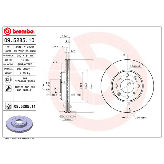 BRE-09.5285.10 - PAR DE DISCOS DE FRENO DELANTEROS PARA HONDA CIVIC BASE 1990-1991