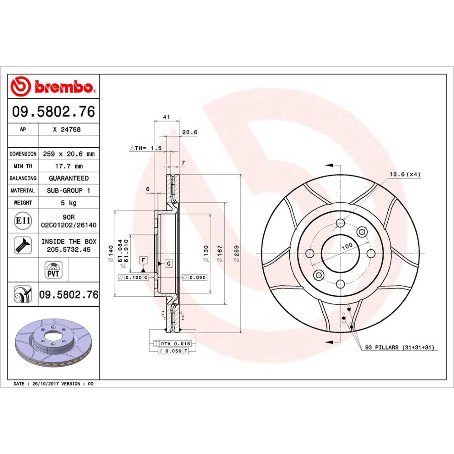 BRE-09.5802.76 - PAR DE DISCOS DE FRENO DELANTEROS PARA NISSAN APRIO BASE 2008-2010