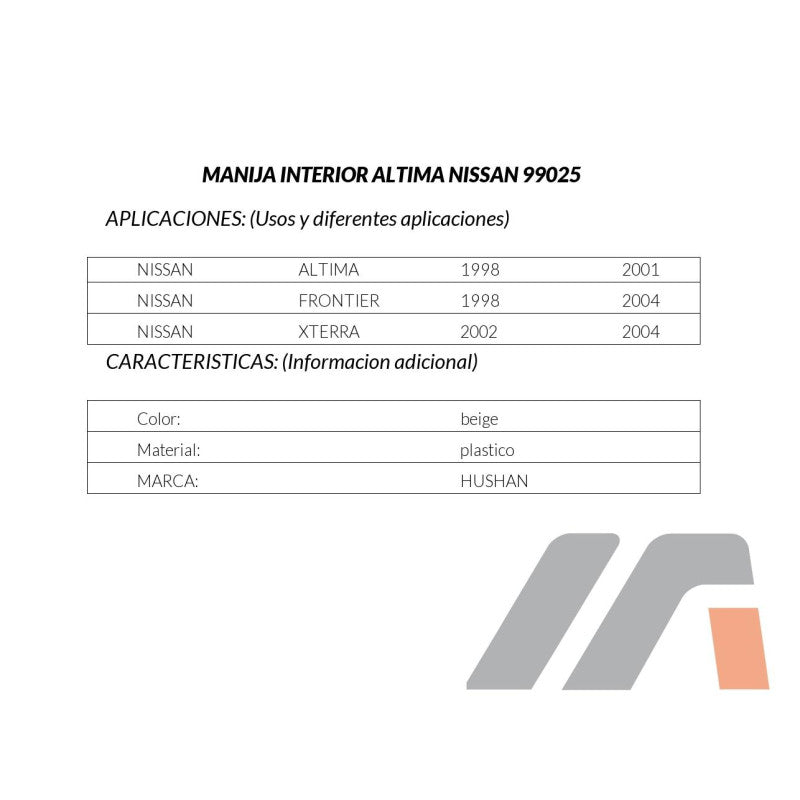 MANJ-99025 - MANIJA INTERIOR PARA NISSAN ALTIMA 1998-2001 DELANTERA/TRASERA IZQUIERDA