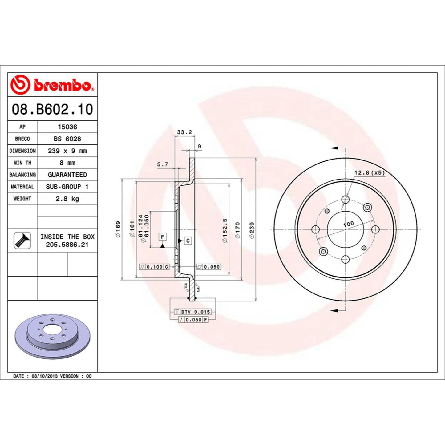 BRE-08.B602.10 - PAR DE DISCOS DE FRENO TRASEROS PARA HONDA CITY EX 2010-2013